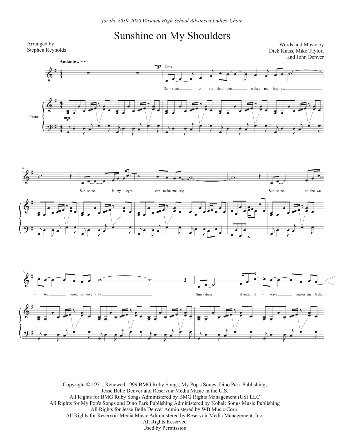 Sunshine On My Shoulders (arr. Stephen Reynolds)