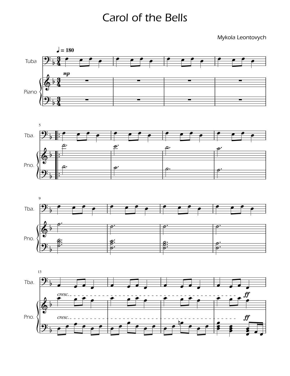 Carol of the Bells - Tuba Solo w/ Piano (arr. Ygor Nunes)