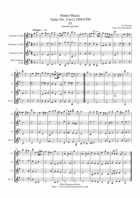 Handel: Suite No.3 in G (HWV350)(Complete) "The Water Music" ( Wassermusik) - clarinet quartet (arr. Ray Thompson)