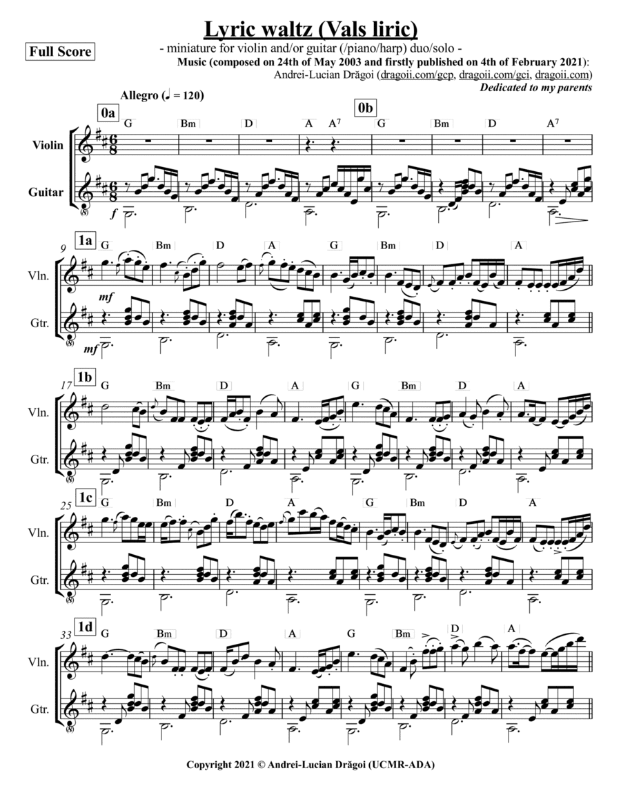Lyric waltz (Vals liric) - miniature for violin and/or guitar (/piano/harp) duo/solo