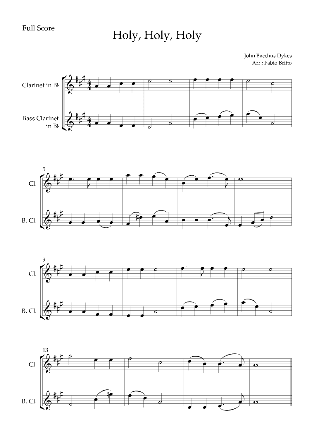 Holy, Holy, Holy (Traditional Christian Song) for Clarinet in Bb & Bass Clarinet in Bb Duo (arr. Fabio Britto)