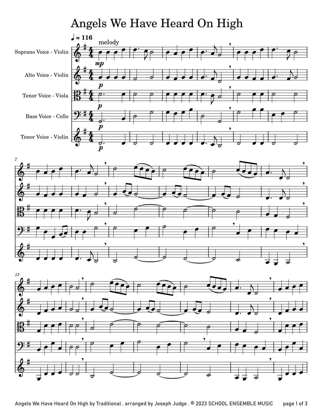 Angels We Have Heard On High for String Quartet in Schools (arr. Joseph Judge)