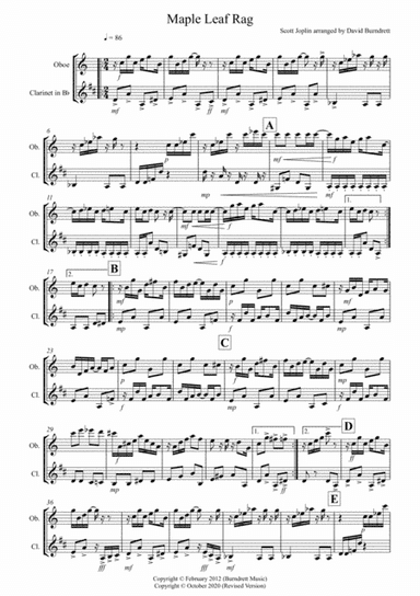 Maple Leaf Rag for Oboe and Clarinet Duet (arr. David Burndrett)