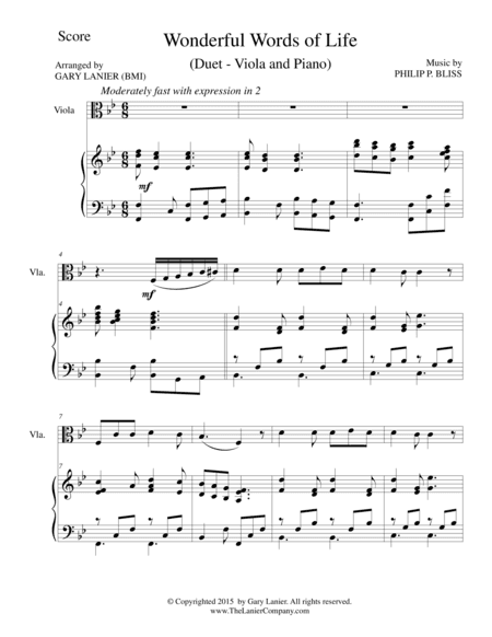 WONDERFUL WORDS OF LIFE (Duet – Viola and Piano/Score and Parts) (arr. Gary Lanier)