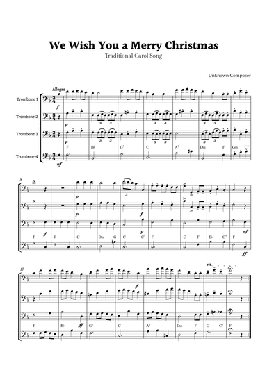 We Wish you a Merry Christmas for Trombone Quartet with Chords (arr. Rika K.)