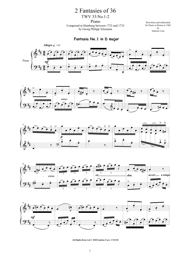 Telemann - 2 Fantasies TWV 33 No.1-2 of 36 for Piano (arr. Santino Cara)