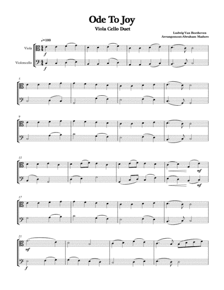 Beethoven´s Ode To Joy Viola-Cello Duet-Two Tonalities Included (arr. Abraham Maduro)
