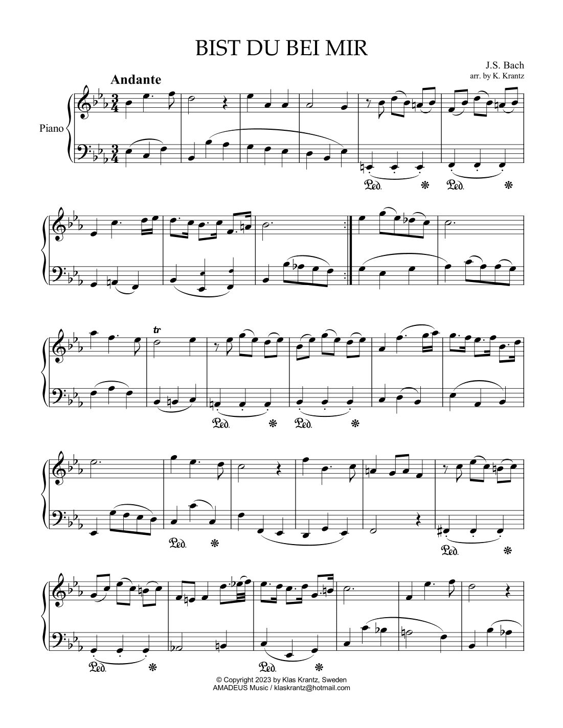 Bist du bei mir, Be thou with me BWV 508 for easy piano solo (2 finger style) (arr. K. Krantz)