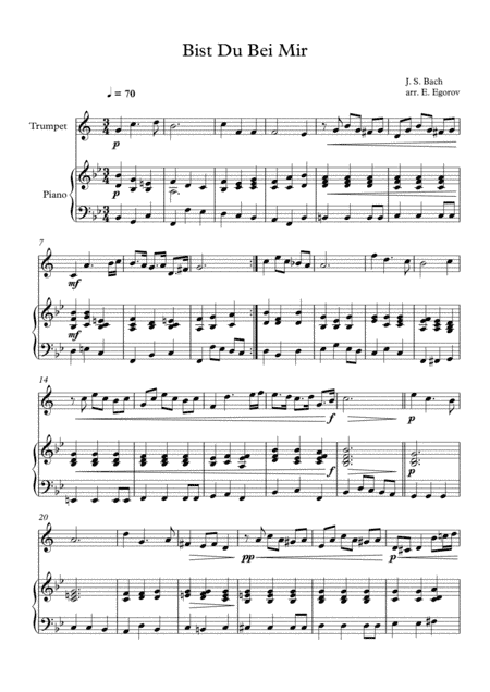 Bist Du Bei Mir, Johann Sebastian Bach, For Trumpet & Piano
