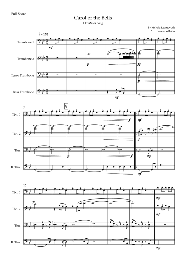 Carol of The Bells - Jazz Version (Christmas Song) for Trombone Quartet (arr. Fabio Britto)