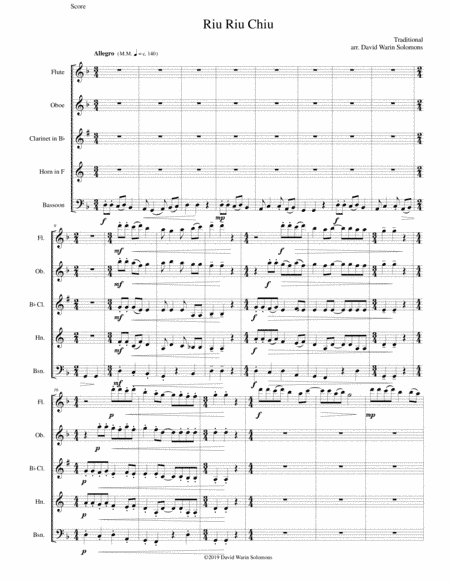 Riu Riu Chiu arranged for wind quintet (arr. David Warin Solomons)