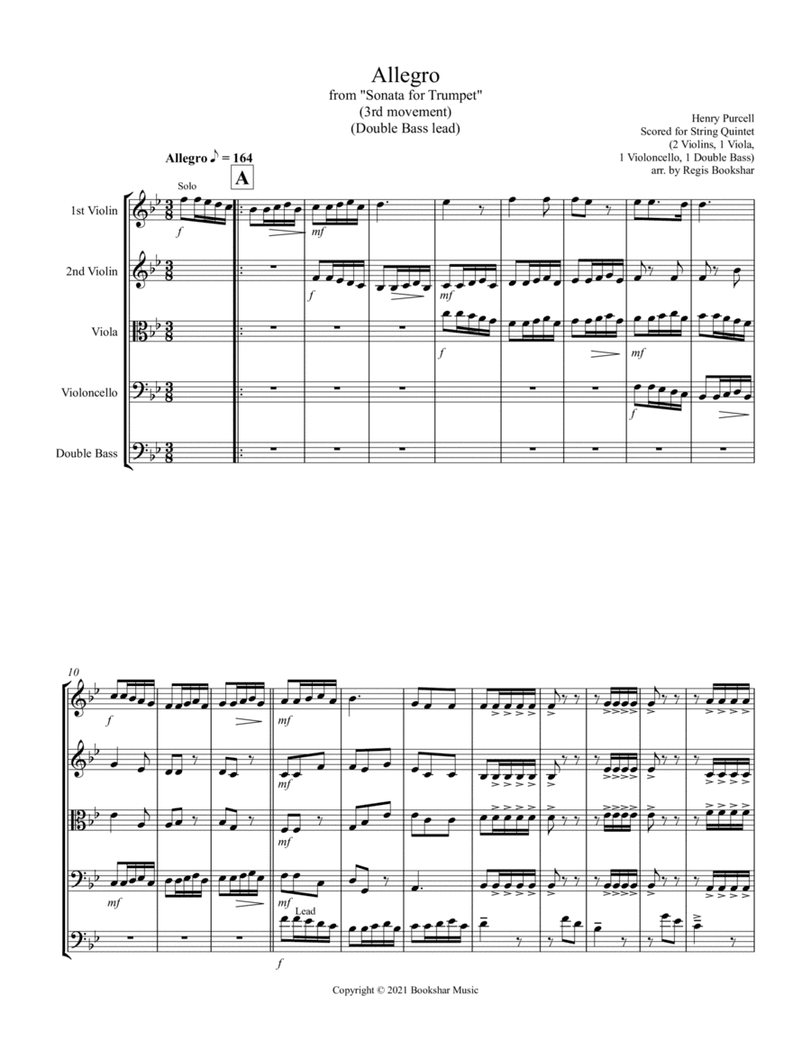 Allegro (from "Sonata for Trumpet") (Bb) (String Quintet - 2 Violins, 1 Viola, 1 Cello, 1 Bass) (Dou (arr. Regis Bookshar)