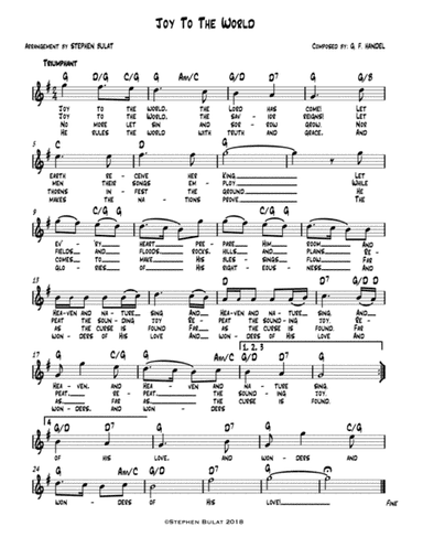 Joy To The World - Lead sheet (melody, lyrics & chords) in key of G (arr. Stephen Bulat)