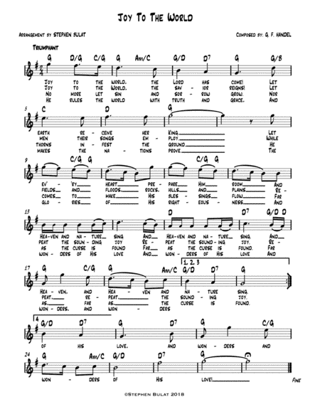 Joy To The World - Lead sheet (melody, lyrics & chords) in key of G (arr. Stephen Bulat)