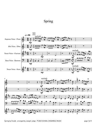 Spring by Vivaldi for Woodwind Quartet in Schools (arr. Joseph Judge)