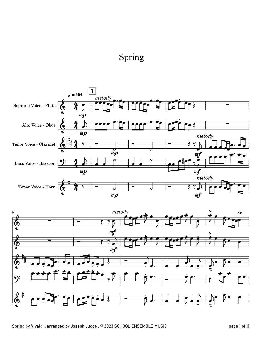 Spring by Vivaldi for Woodwind Quartet in Schools (arr. Joseph Judge)
