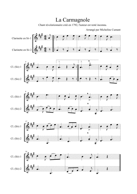 La Carmagnole - Chant Révolutionnaire de 1792 pour 2 clarinettes en si bémol (arr. Cumant Micheline)