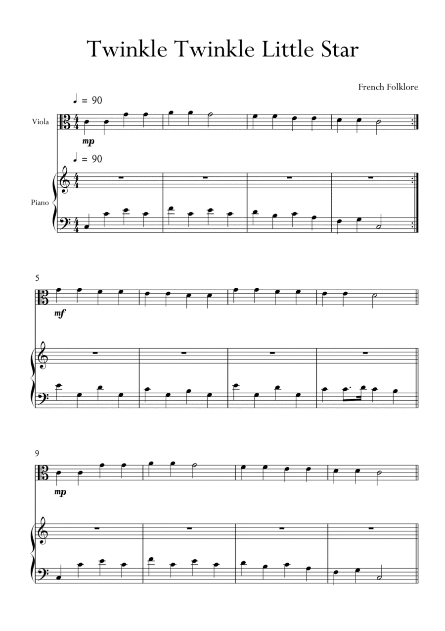 Twinkle Twinkle Little Star for Viola and Piano in C Major. Very Easy. (arr. Matheus Araújo)