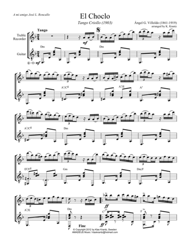 El choclo (tango) for treble recorder and guitar (arr. K. Krantz)