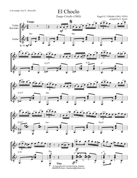 El choclo (tango) for treble recorder and guitar (arr. K. Krantz)