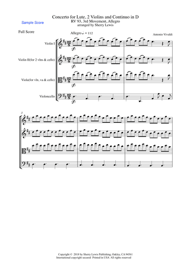 CONCERTO FOR LUTE, 2 VIOLINS AND CONTINUO IN D, RV 93, 3RD MOV, ALLEGRO FOR STRING TRIO (arr. Sherry Lewis Publishing)