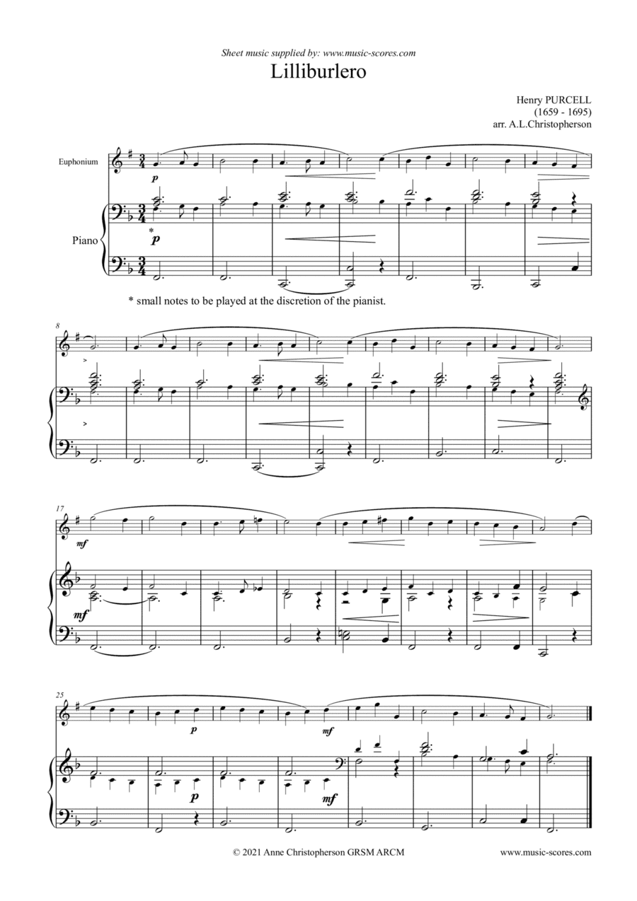 Lilliburlero - Euphonium and Piano (arr. Anne L Christopherson GRSM ARCM)