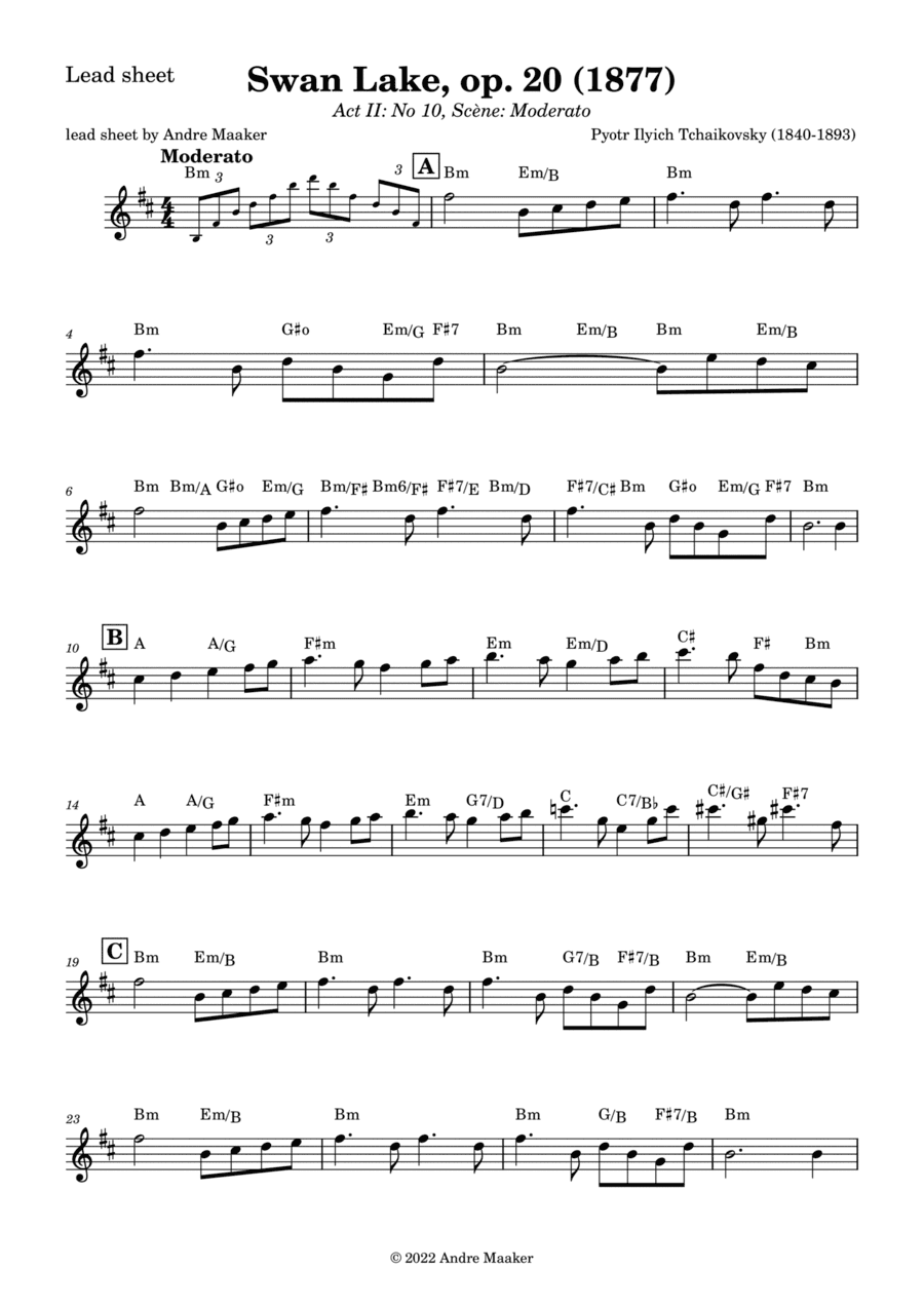 Tchaikovsky - Swan Lake, Op. 20, Act II, No. 10 - LEAD SHEET (arr. Andre Maaker)
