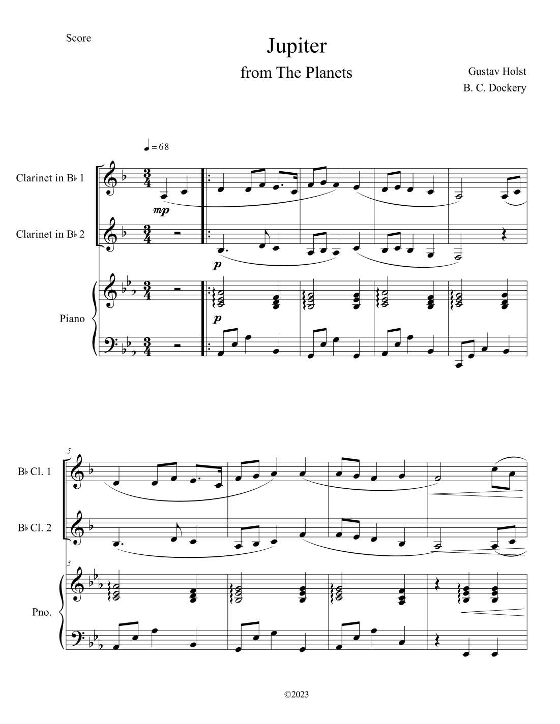 Jupiter (from The Planets) for Clarinet Duet with Piano Accompaniment (arr. B. C. Dockery)