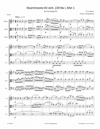 Mozart WA: Divertimento KV Anh. 229 No I, Mvt 1 arranged for String Trio (arr. D Oppenheim)