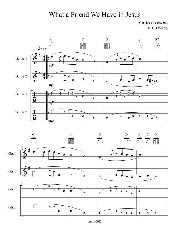 What a Friend We Have in Jesus (Guitar Duet or Trio with TAB) (arr. B. C. Dockery)
