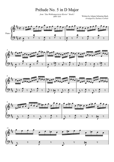 Prelude No. 5 BWV 850 in D Major (arr. Zachary Corbett)