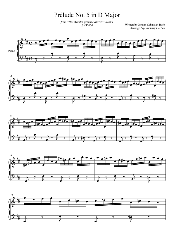 Prelude No. 5 BWV 850 in D Major (arr. Zachary Corbett)