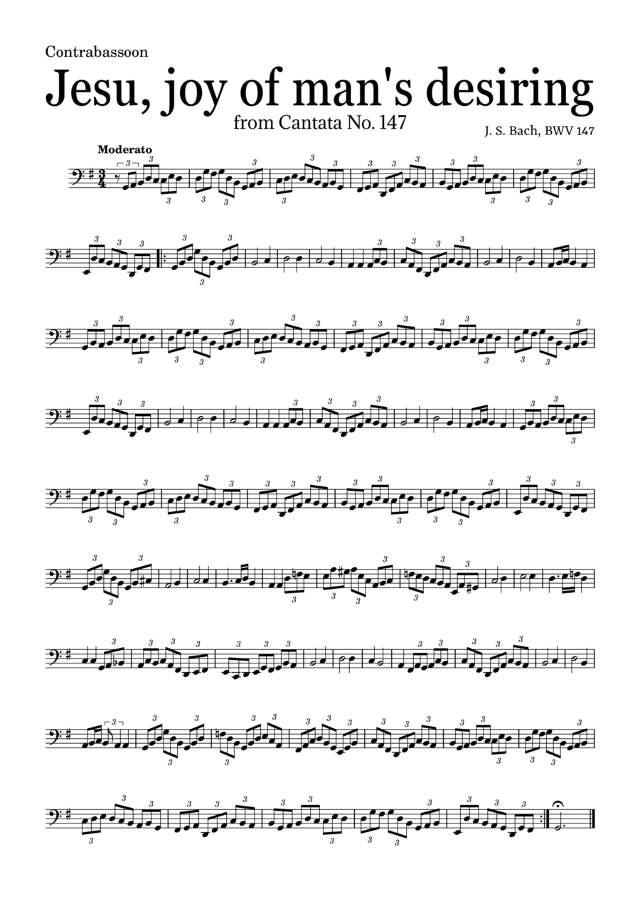 JESU, JOY OF MAN'S DESIRING by Bach - easy version for Contrabassoon and piano with chords (arr. Leyandder Trustworthy)
