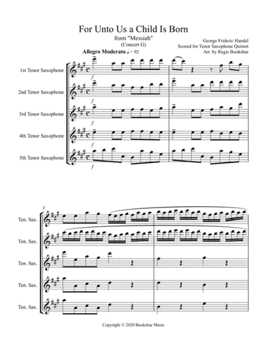 For Unto Us a Child is Born (from "Messiah") (G) (Tenor Saxophone Quintet) (arr. Regis Bookshar)
