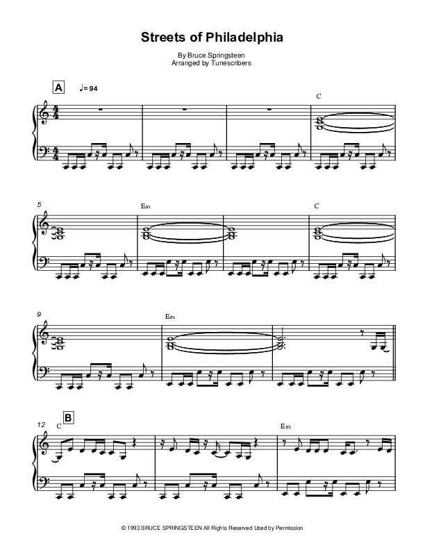 Streets of Philadelphia (piano solo in C) (arr. Tunescribers)