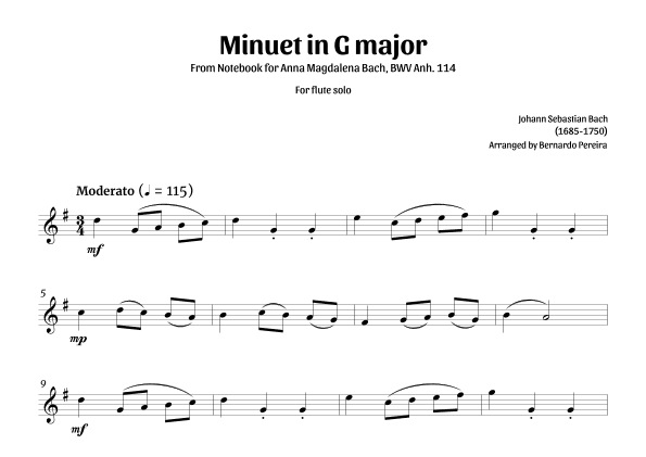 Minuet in G major (flute solo) (arr. Bernardo Pereira)