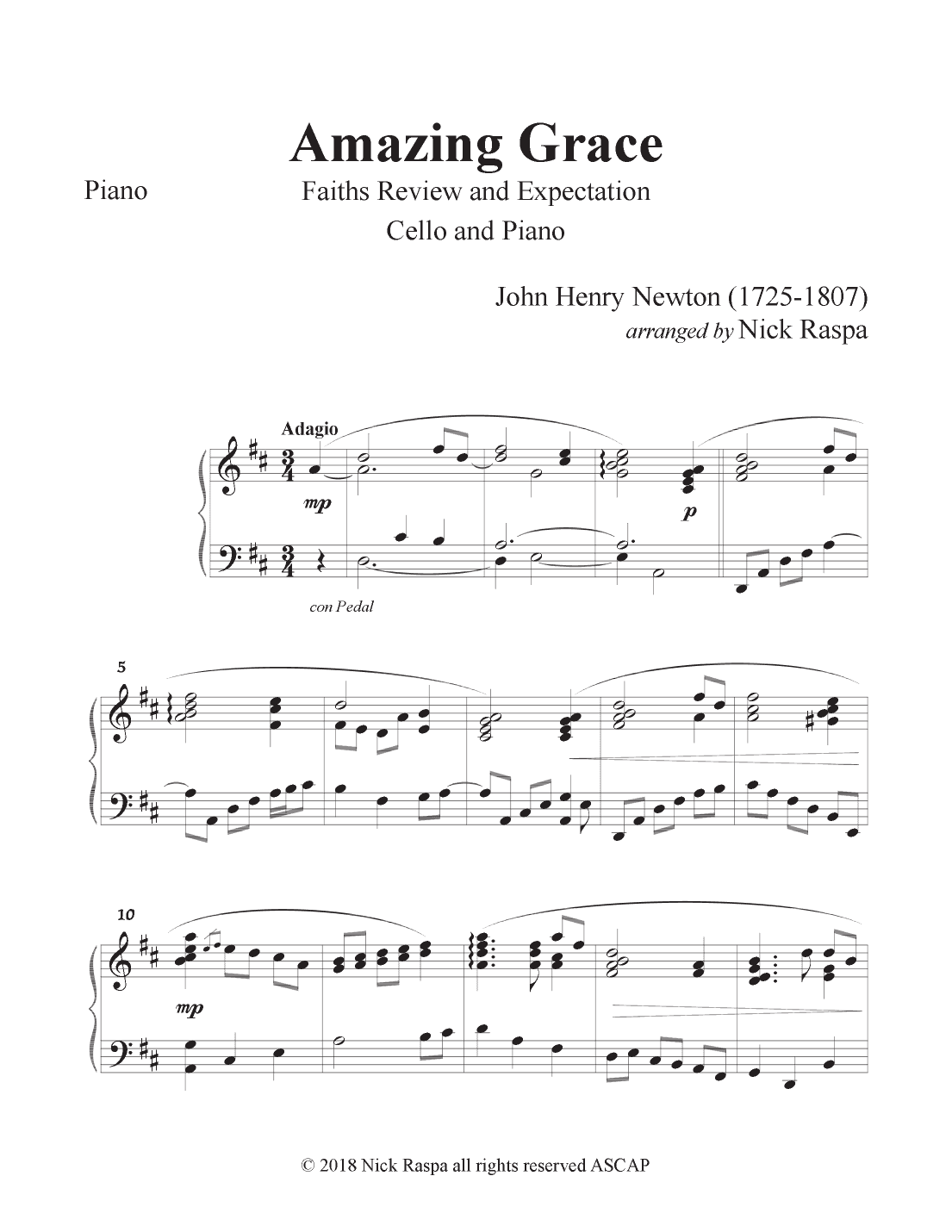 Amazing Grace (Cello & Piano) Piano part (arr. Nick Raspa)