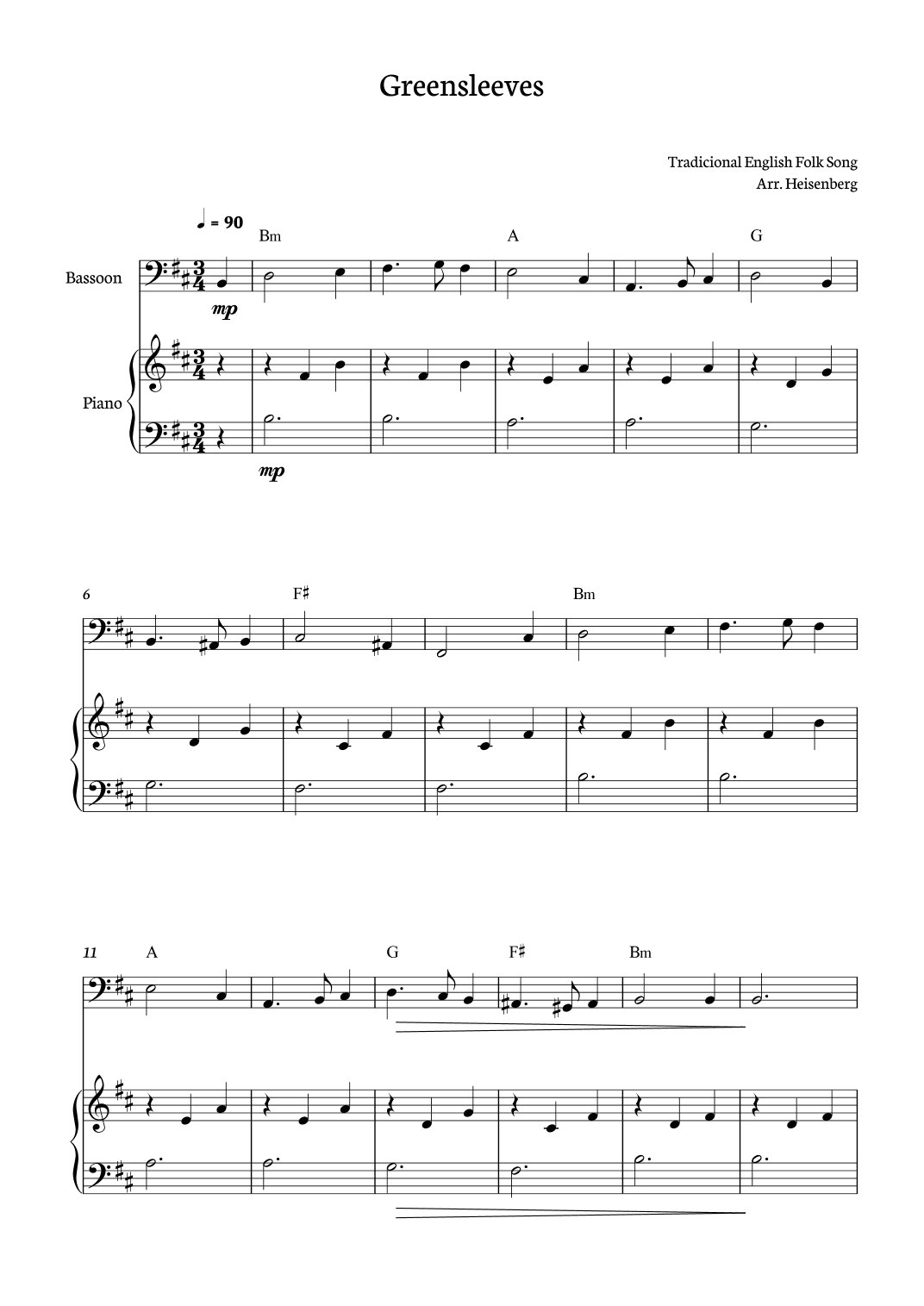 Greensleeves for Bassoon with piano accompaniment (arr. Heisenberg)