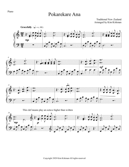 Pokarekare Ana for piano solo, easy arrangement, no black notes required (arr. Kim Kirkman)