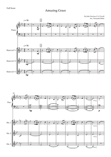 Amazing Grace (John Newton, E. O. Excell) for Horn in F Trio and Piano Accompaniment with Chords (arr. Fernando Britto)