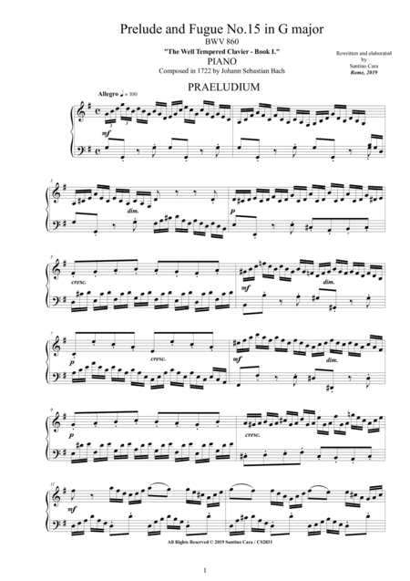 Bach - Prelude and Fugue No.15 in G major BWV 860 for Piano (arr. Santino Cara)