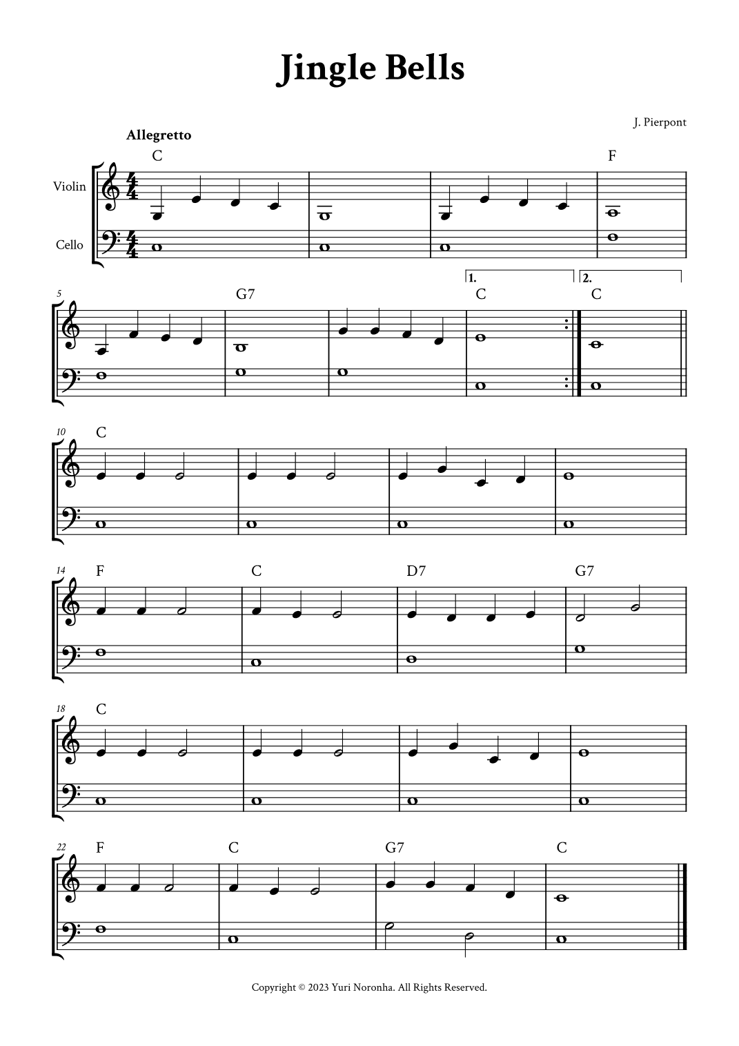 Jingle Bells - Violin and Cello (C Major) (arr. Yuri Noronha)