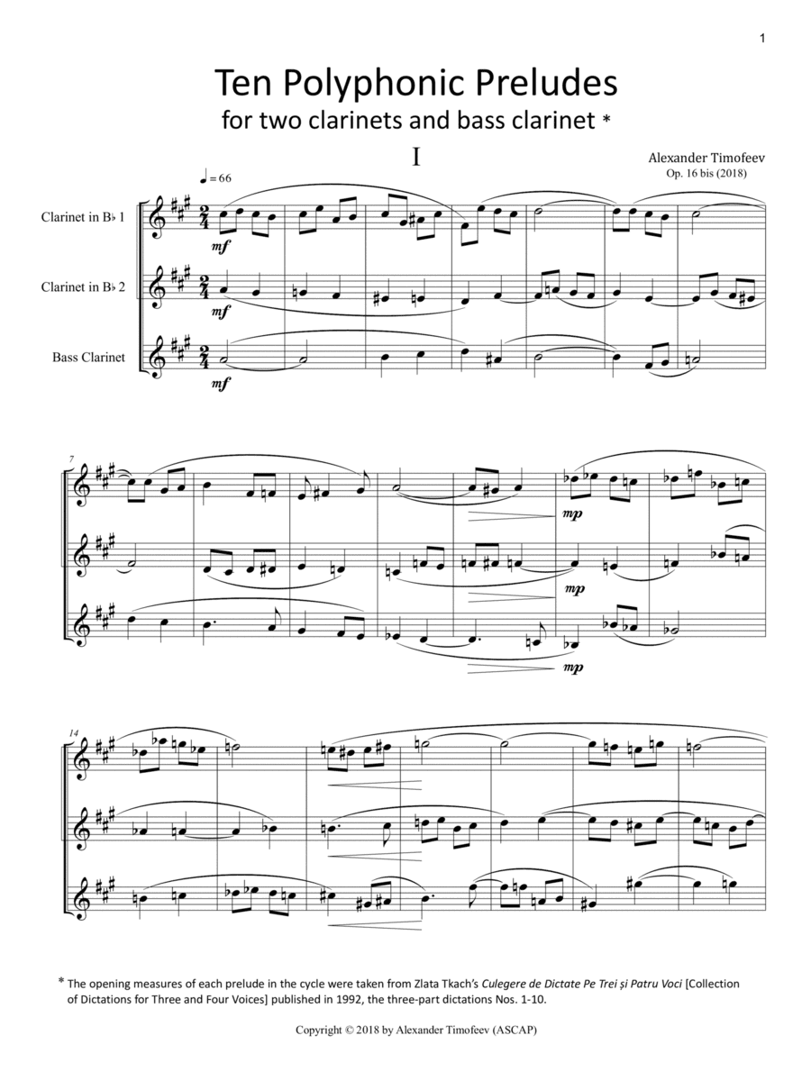 Ten Polyphonic Preludes for Two Clarinets and Bass Clarinet, Op. 16 bis