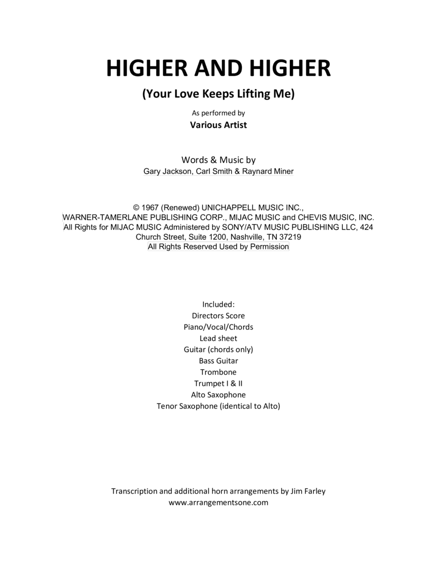 (your Love Has Lifted Me) Higher And Higher (arr. Jim Farley www.arrangementsone.com)