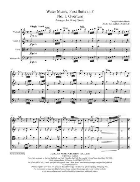 Water Music, First Suite in F Major (for String Quartet) (arr. Joel Jacklich (ASCAP))