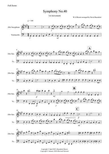 Symphony No.40 (1st movement) for Alto Saxophone and Cello (arr. David Burndrett)