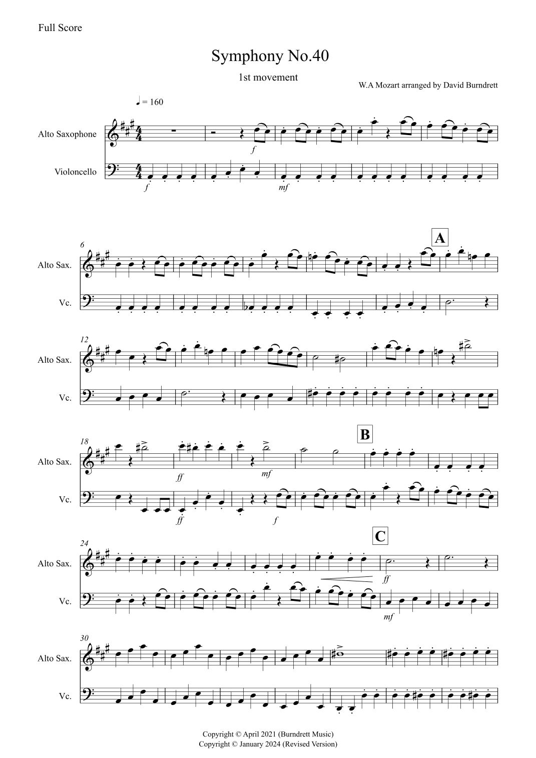 Symphony No.40 (1st movement) for Alto Saxophone and Cello (arr. David Burndrett)