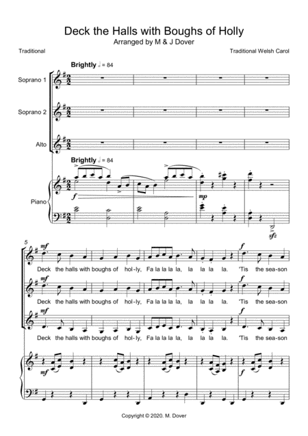 Deck the Halls with Boughs of Holly (Deck the Hall) - SSA - Choir - Upper Voices (arr. M & J Dover)
