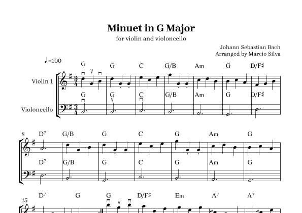 Minuet G Major - for violin and violoncello - easy sheet music (arr. Márcio Silva)