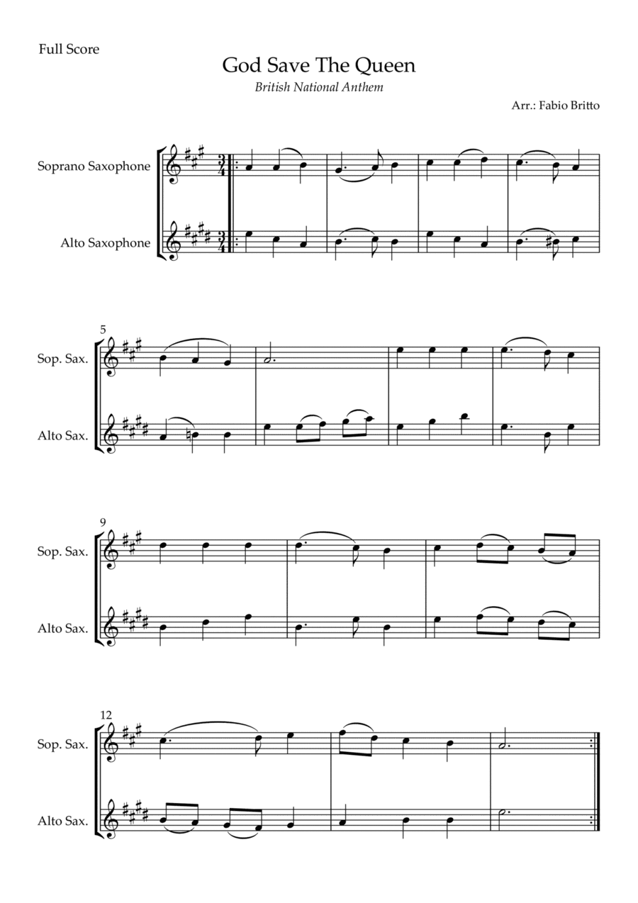 God Save The Queen (British National Anthem) for Soprano Saxophone & Alto Saxophone Duo (arr. Fabio Britto)
